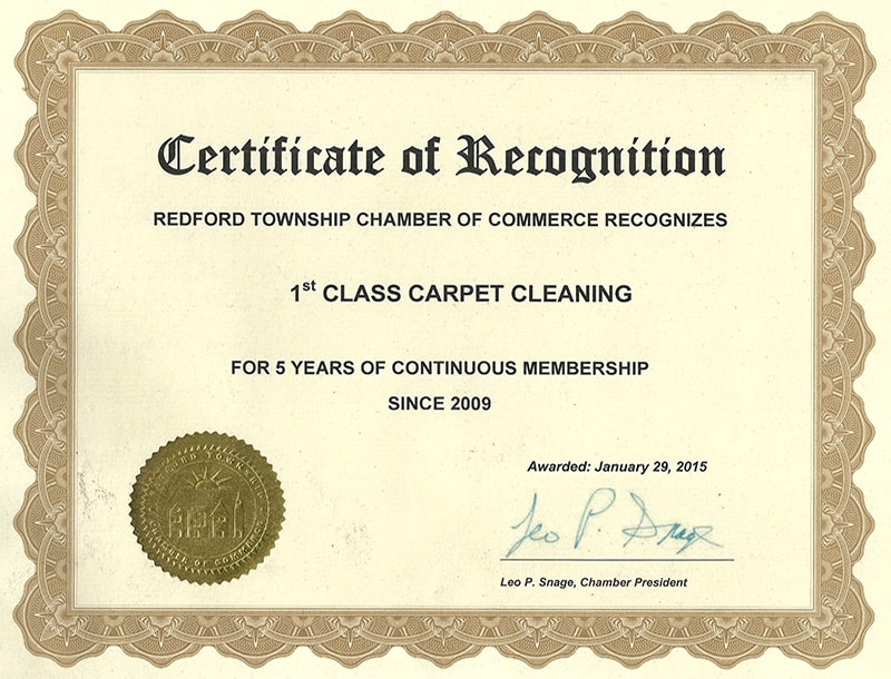 Certificate of Recognition from Redford Township MI Chamber of Commerce - 5 Years of Membership