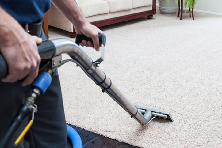 Carpet cleaning tech cleaning carpet in home.